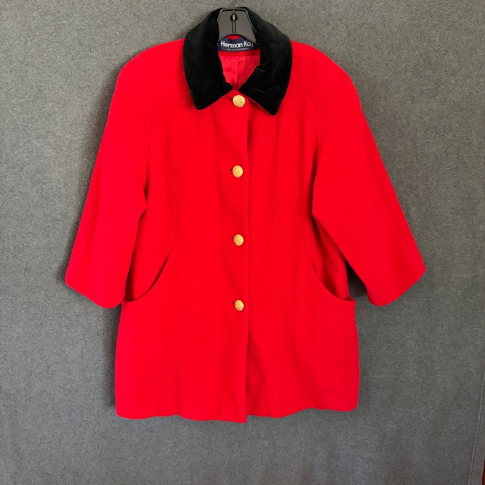 Herman Kay Coat Women 10 Red Wool Blend Velvet Collar Gold Crest Button Vintage
